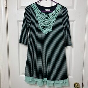 Knit Works Dress Girls Size 16 Black Green Striped Tunic A-line Crochet Sleeves